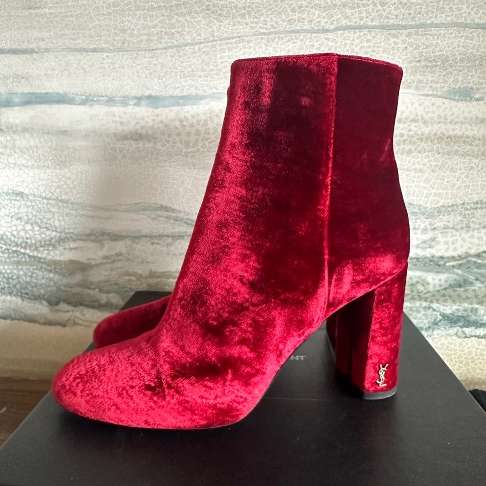 Saint Laurent Red Velvet Ankle Boots - Picture 3 of 13